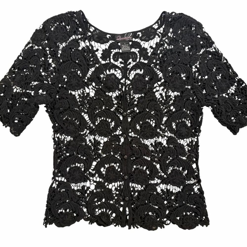 Questions by Soy Who Black lace button up blouse with floral design